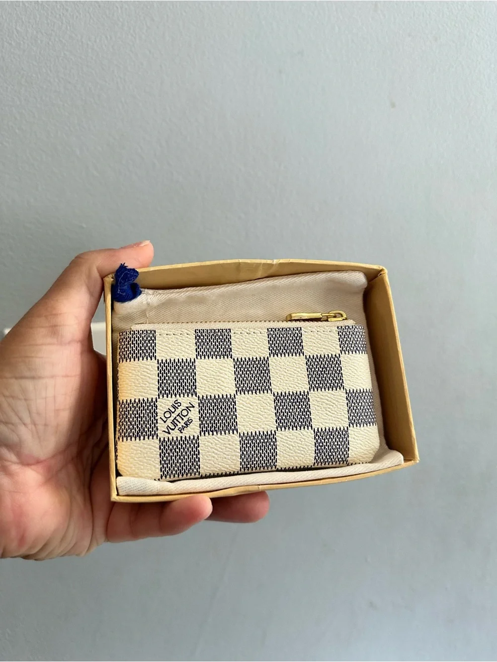 Louis Vuitton Beige and Brown Damier Coin Pouch with Blue Pull
